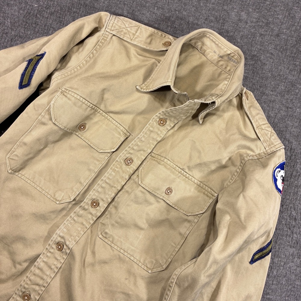 Vintage WWII Alaskan Defense Military Utility‎ Shirt Men Small Tan Patched 50s